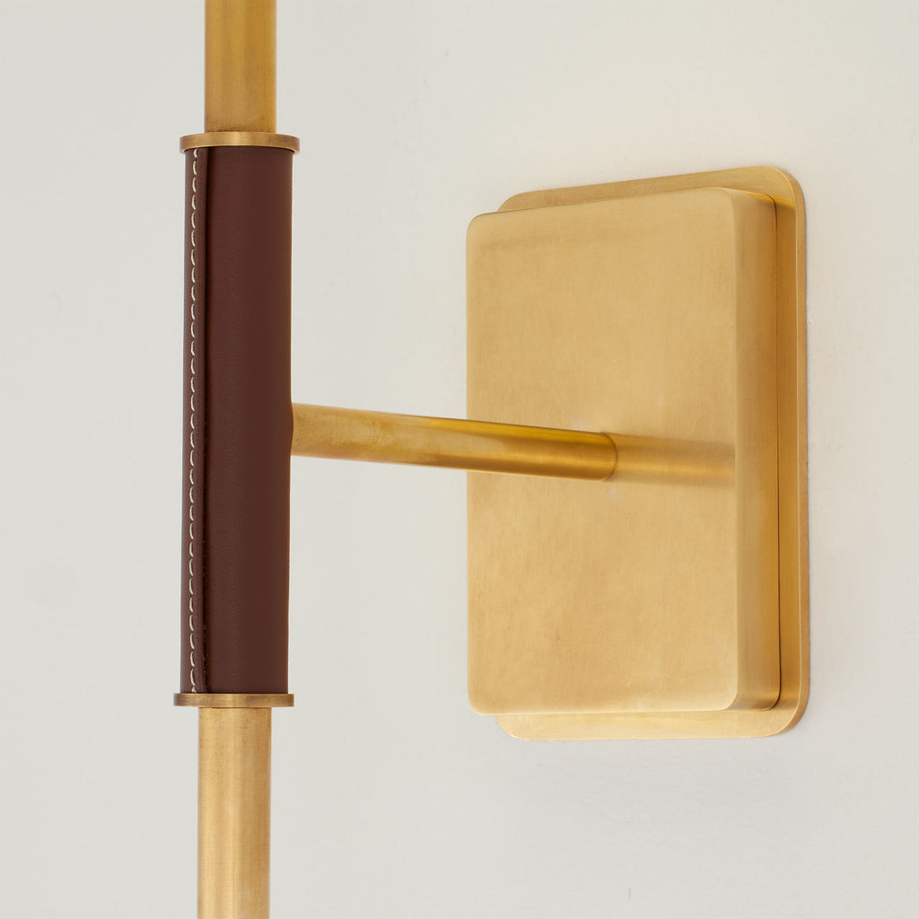 Griffin Sconce | Hand-Rubbed Antique Brass and Saddle Leather | Linen Shade