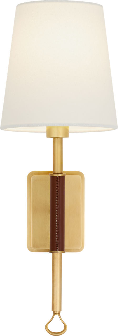 Griffin Sconce | Hand-Rubbed Antique Brass and Saddle Leather | Linen Shade