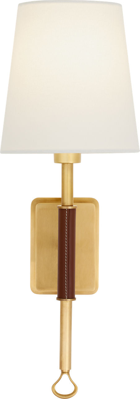 Griffin Sconce | Hand-Rubbed Antique Brass and Saddle Leather | Linen Shade