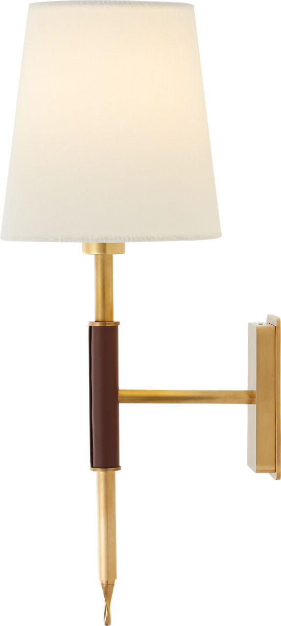 Griffin Sconce | Hand-Rubbed Antique Brass and Saddle Leather | Linen Shade