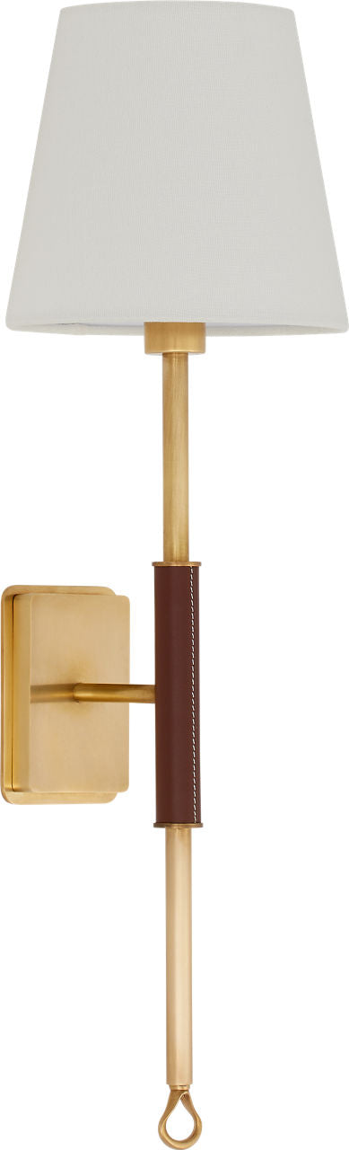 Griffin Tail Sconce | Hand-Rubbed Antique Brass and Saddle Leather | Linen Shade