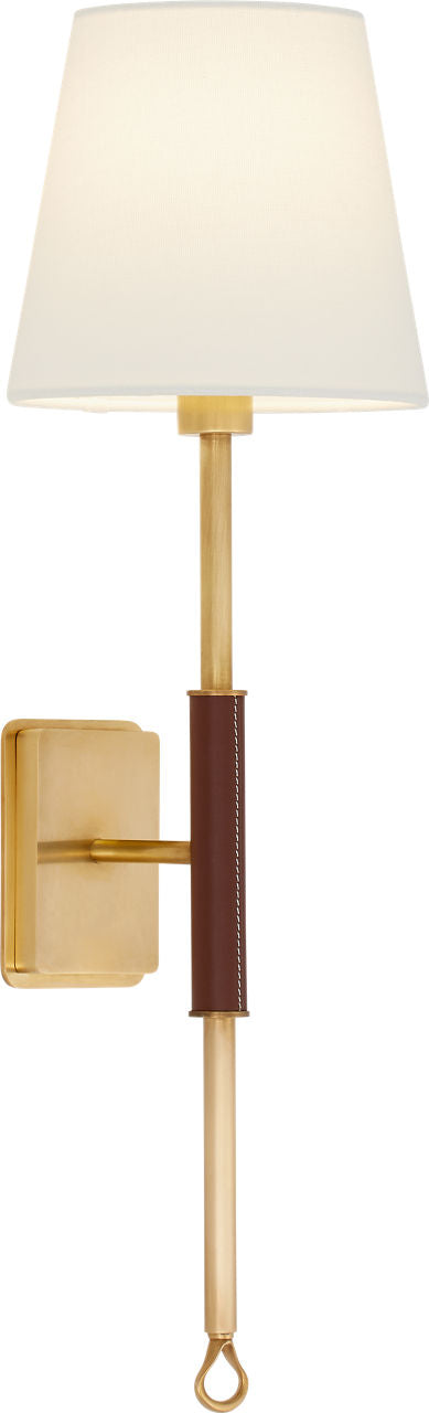 Griffin Tail Sconce | Hand-Rubbed Antique Brass and Saddle Leather | Linen Shade