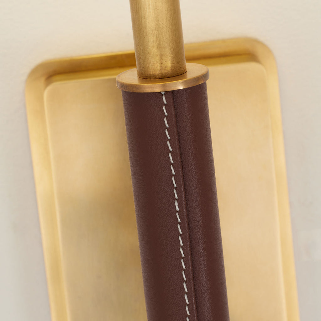 Griffin Tail Sconce | Hand-Rubbed Antique Brass and Saddle Leather | Linen Shade
