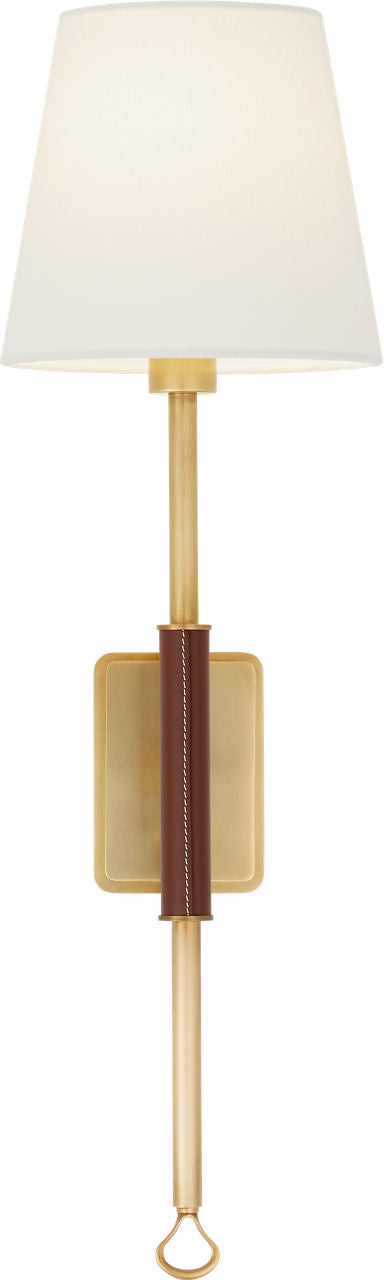 Griffin Tail Sconce | Hand-Rubbed Antique Brass and Saddle Leather | Linen Shade