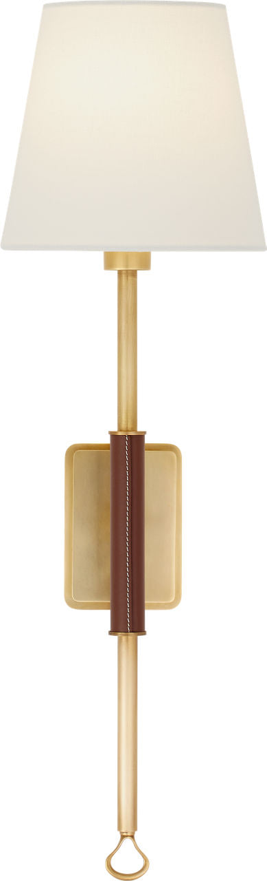Griffin Tail Sconce | Hand-Rubbed Antique Brass and Saddle Leather | Linen Shade