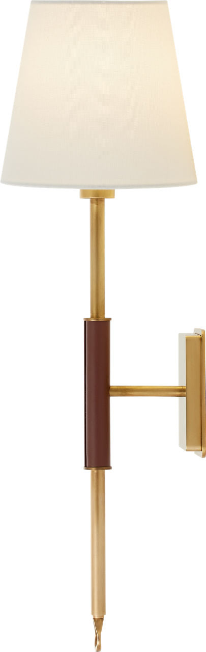 Griffin Tail Sconce | Hand-Rubbed Antique Brass and Saddle Leather | Linen Shade