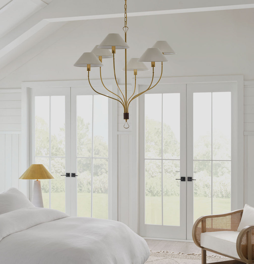 Griffin Large Staggered Tail Chandelier | Hand-Rubbed Antique Brass and Saddle Leather | Linen Shades