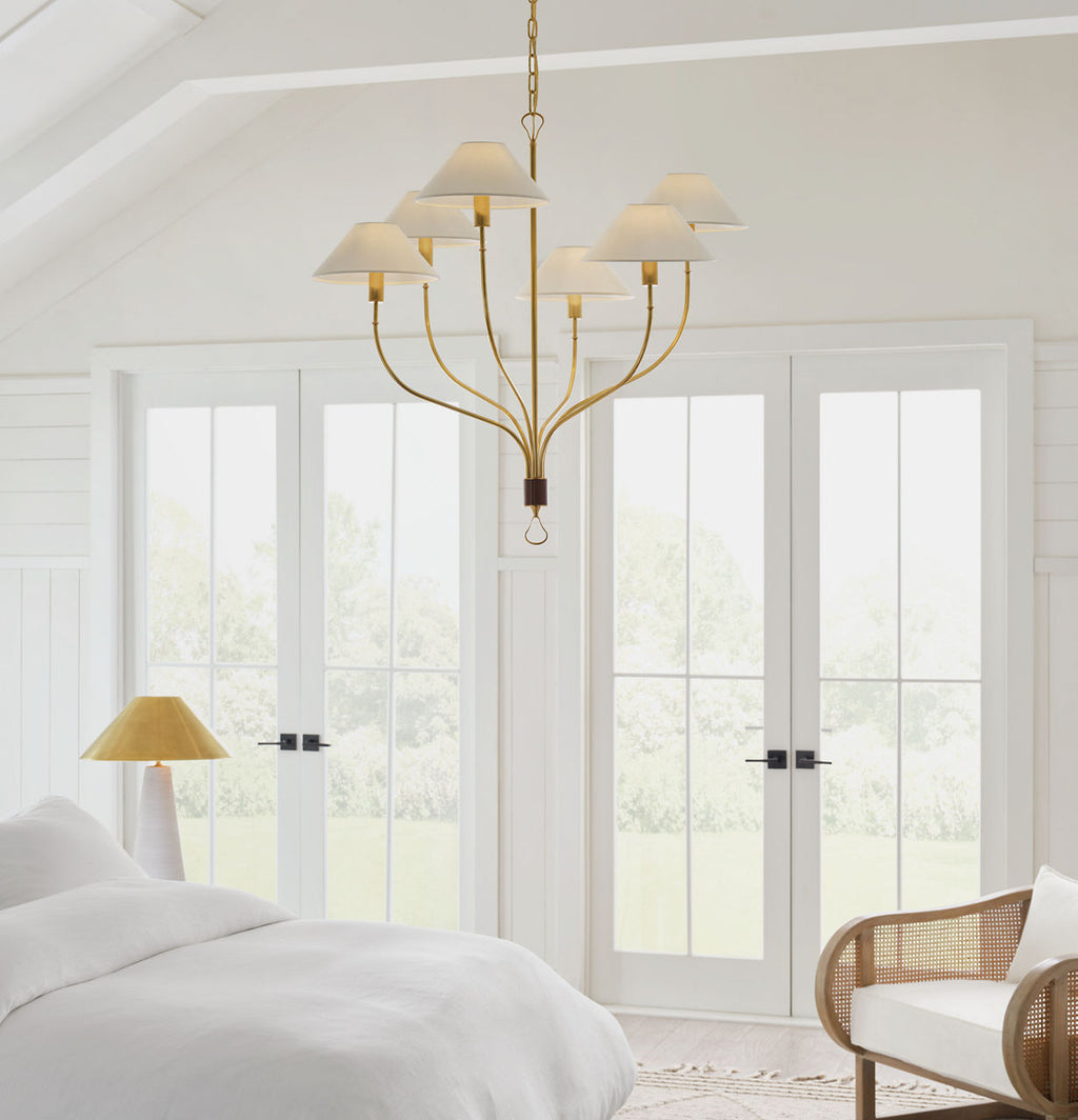 Griffin Large Staggered Tail Chandelier | Hand-Rubbed Antique Brass and Saddle Leather | Linen Shades