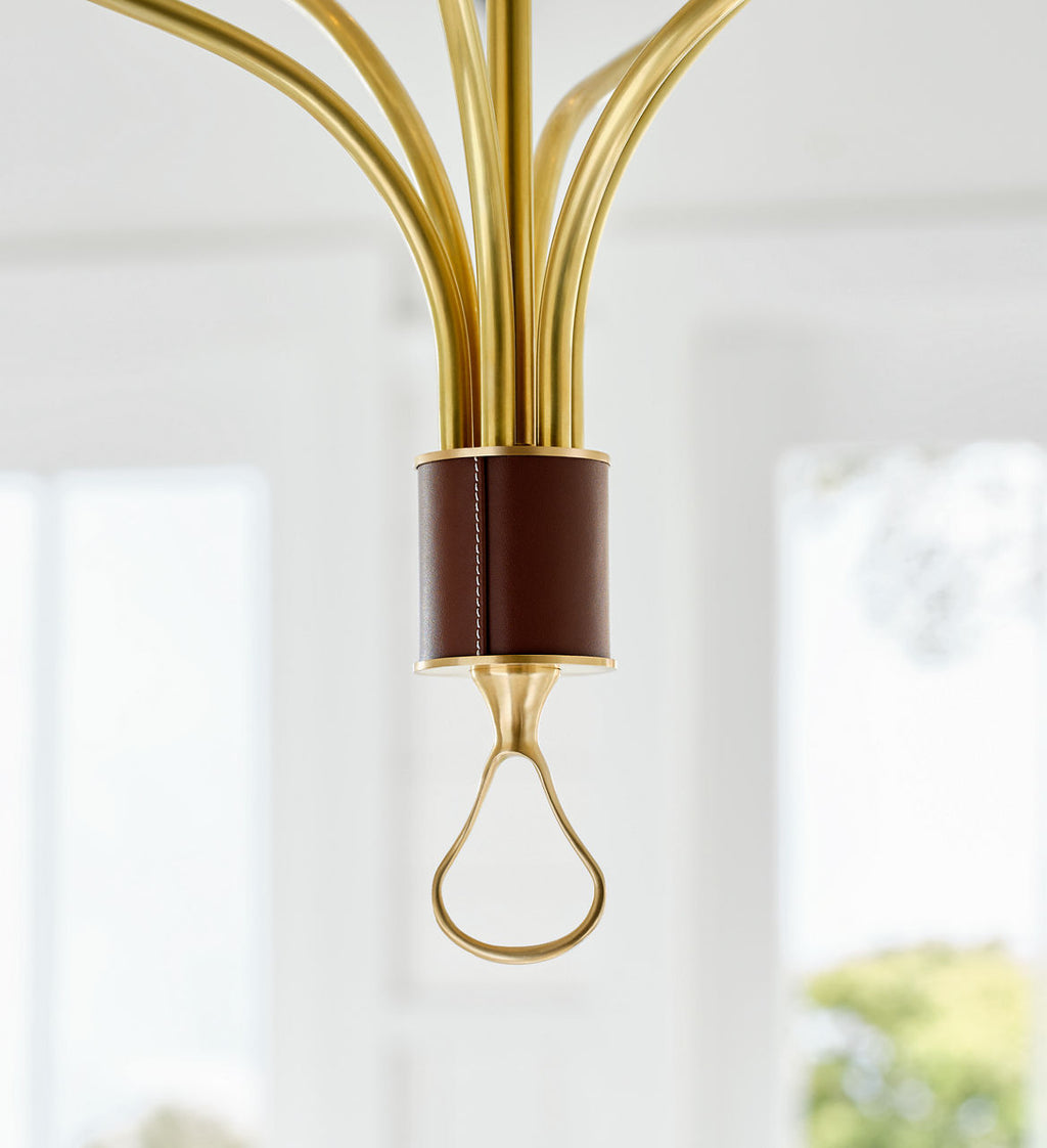 Griffin Large Staggered Tail Chandelier | Hand-Rubbed Antique Brass and Saddle Leather | Linen Shades
