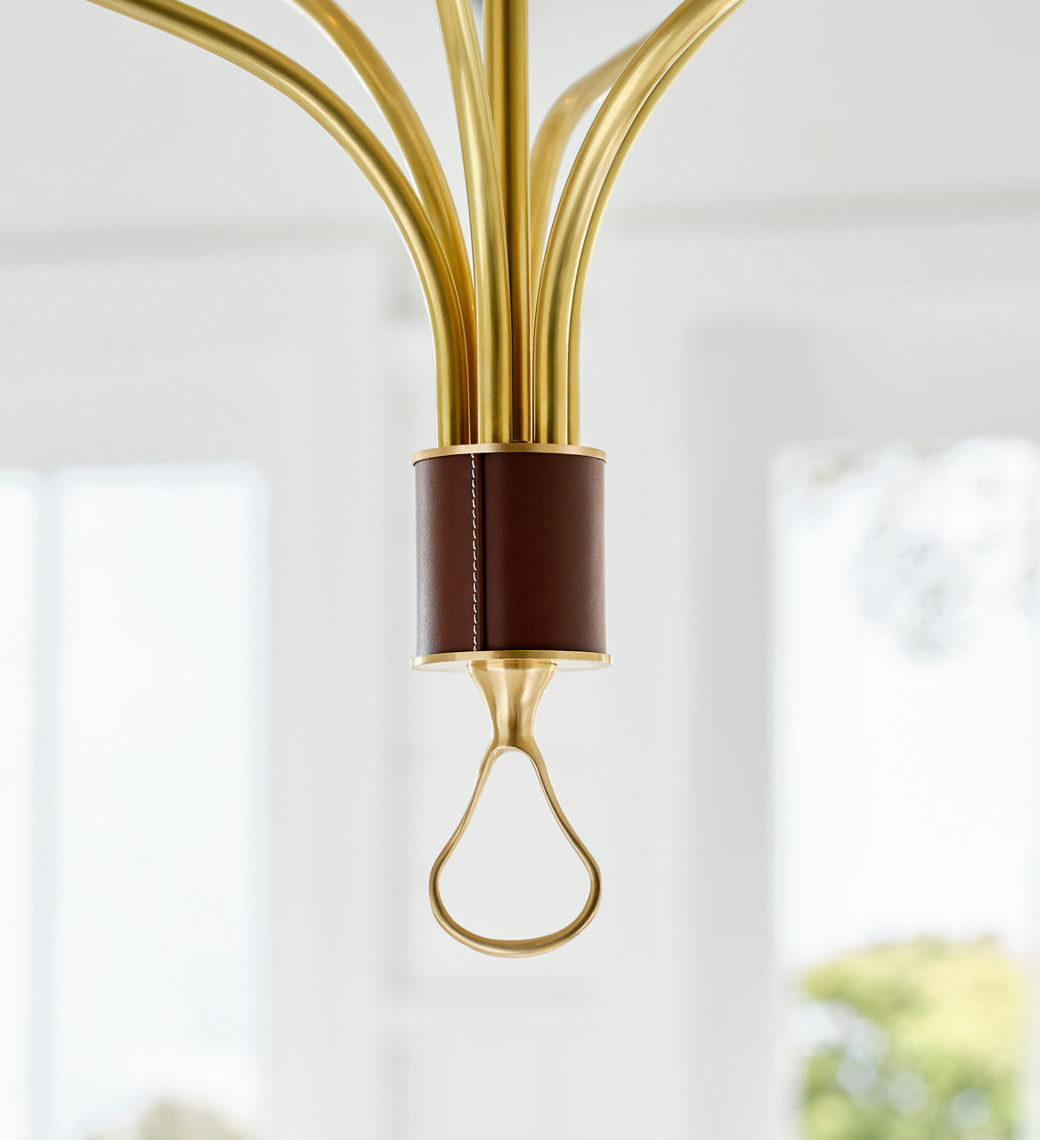 Griffin Large Staggered Tail Chandelier | Hand-Rubbed Antique Brass and Saddle Leather | Linen Shades