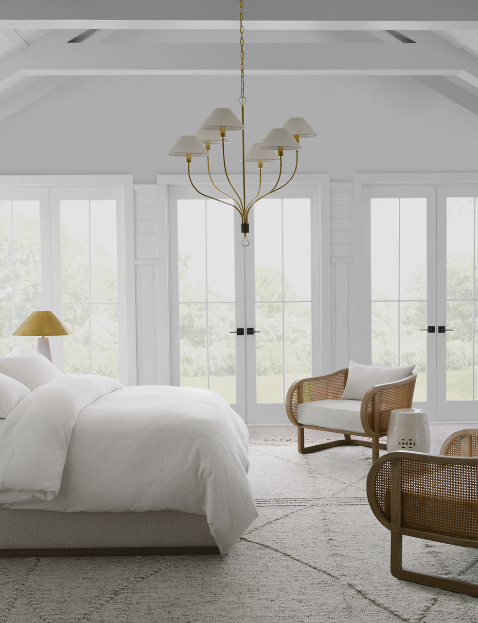 Griffin Large Staggered Tail Chandelier | Hand-Rubbed Antique Brass and Saddle Leather | Linen Shades