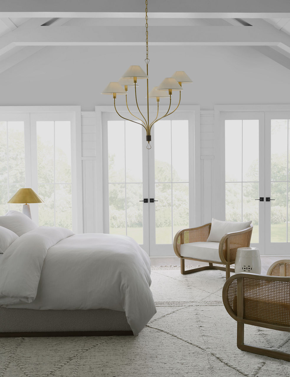 Griffin Large Staggered Tail Chandelier | Hand-Rubbed Antique Brass and Saddle Leather | Linen Shades