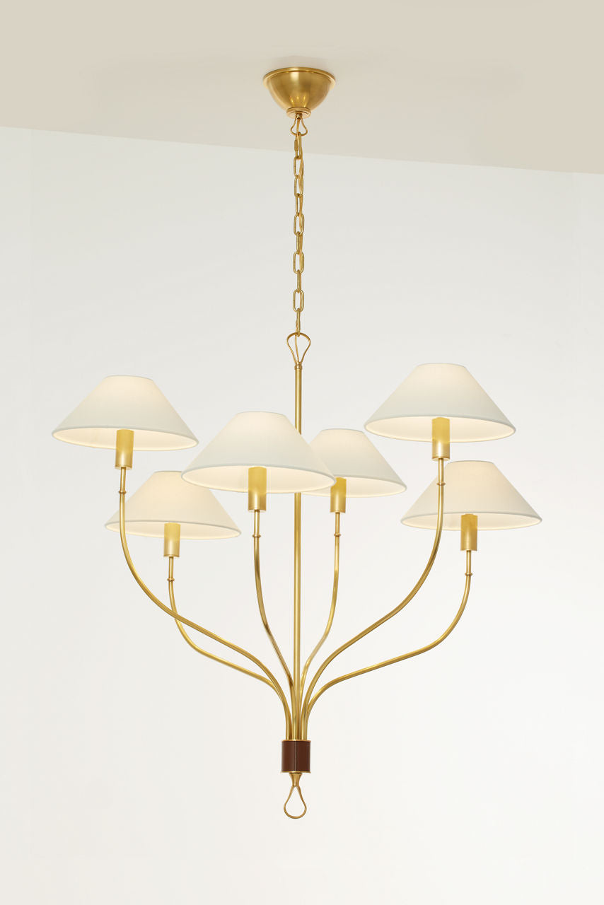Griffin Large Staggered Tail Chandelier | Hand-Rubbed Antique Brass and Saddle Leather | Linen Shades