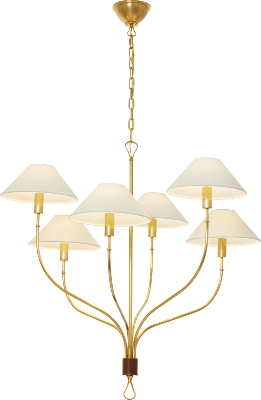 Griffin Large Staggered Tail Chandelier | Hand-Rubbed Antique Brass and Saddle Leather | Linen Shades