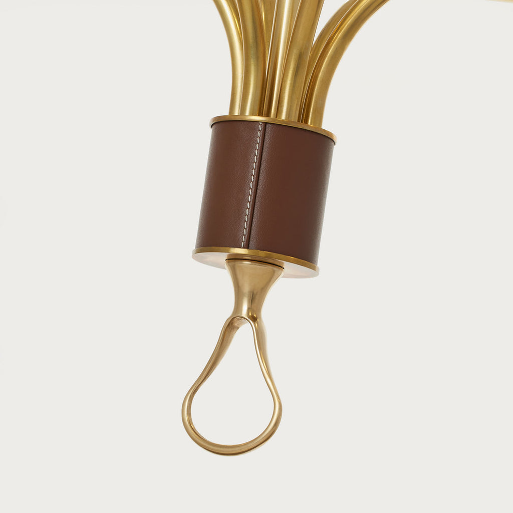 Griffin Large Staggered Tail Chandelier | Hand-Rubbed Antique Brass and Saddle Leather | Linen Shades