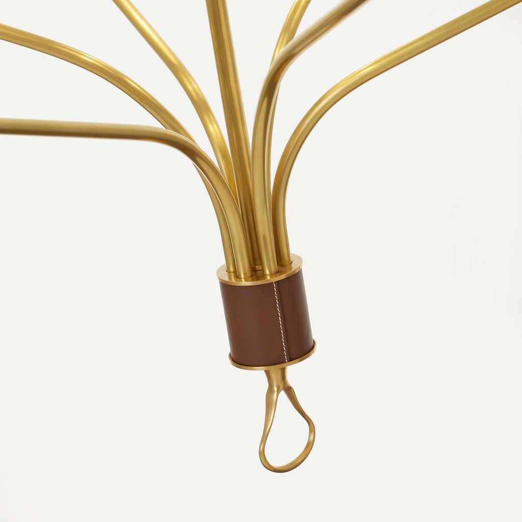 Griffin Large Staggered Tail Chandelier | Hand-Rubbed Antique Brass and Saddle Leather | Linen Shades