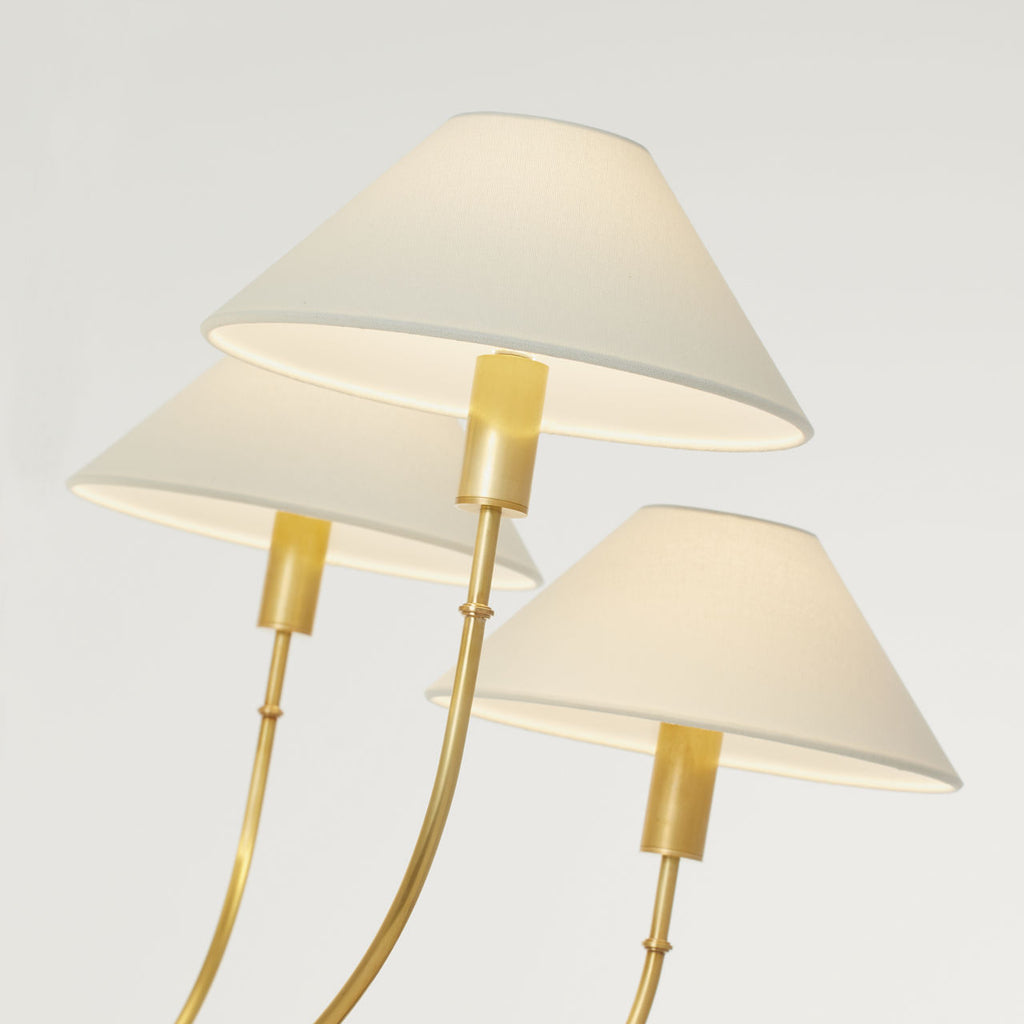 Griffin Large Staggered Tail Chandelier | Hand-Rubbed Antique Brass and Saddle Leather | Linen Shades