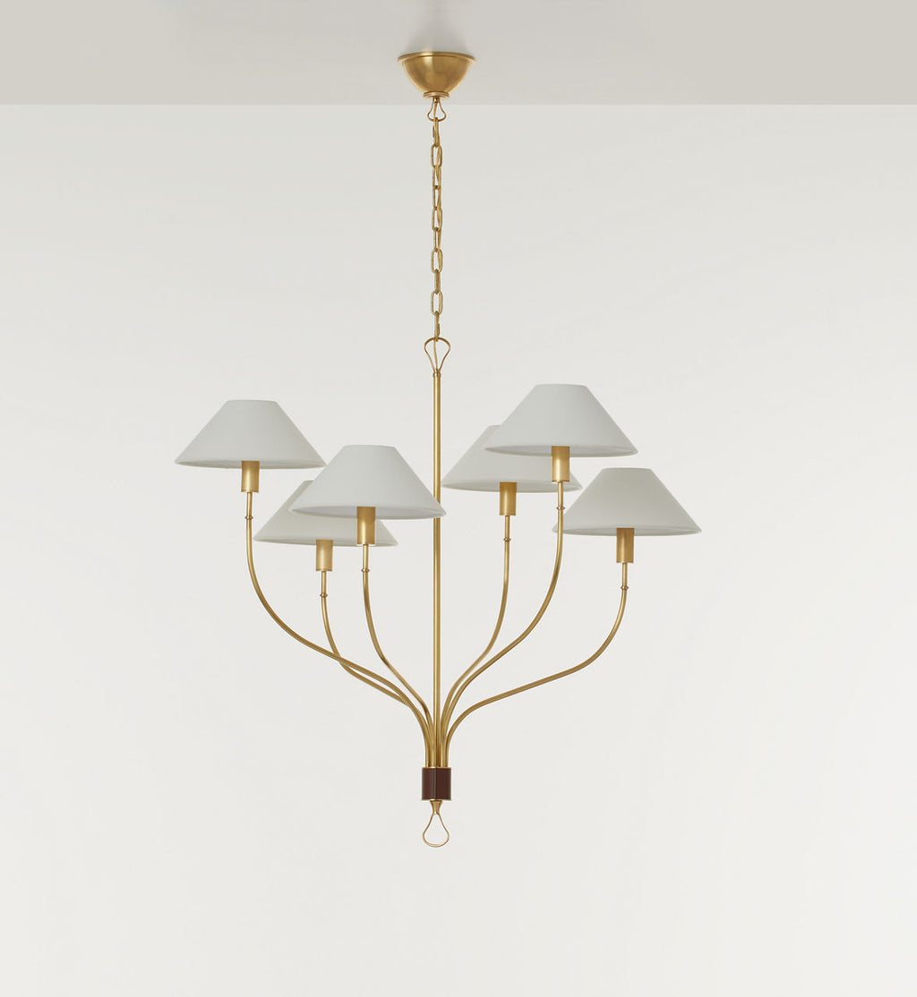 Griffin Large Staggered Tail Chandelier | Hand-Rubbed Antique Brass and Saddle Leather | Linen Shades