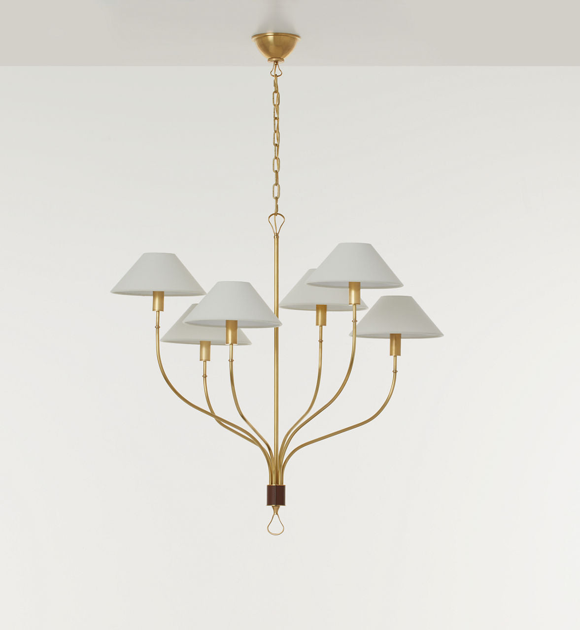 Griffin Large Staggered Tail Chandelier | Hand-Rubbed Antique Brass and Saddle Leather | Linen Shades