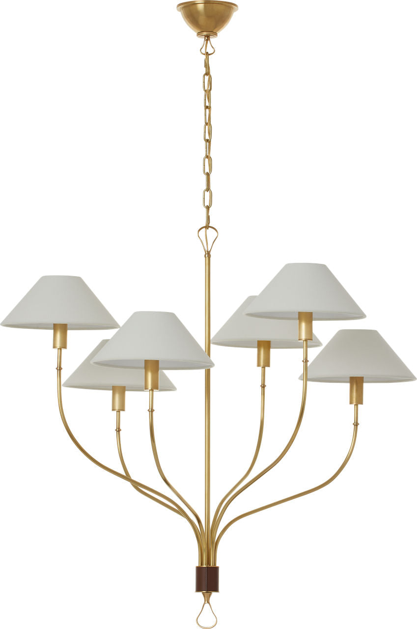 Griffin Large Staggered Tail Chandelier | Hand-Rubbed Antique Brass and Saddle Leather | Linen Shades