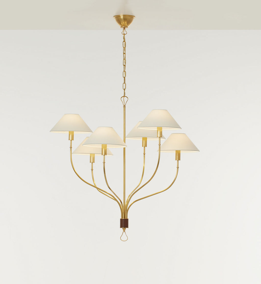 Griffin Large Staggered Tail Chandelier | Hand-Rubbed Antique Brass and Saddle Leather | Linen Shades