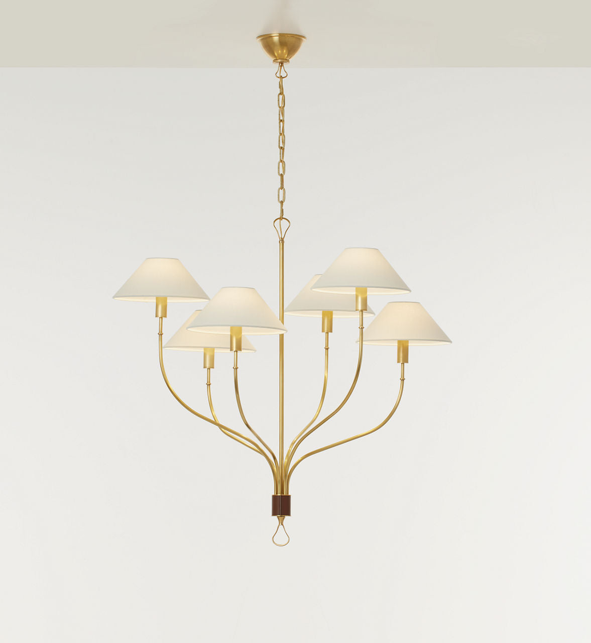 Griffin Large Staggered Tail Chandelier | Hand-Rubbed Antique Brass and Saddle Leather | Linen Shades