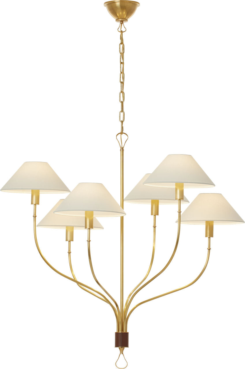 Griffin Large Staggered Tail Chandelier | Hand-Rubbed Antique Brass and Saddle Leather | Linen Shades
