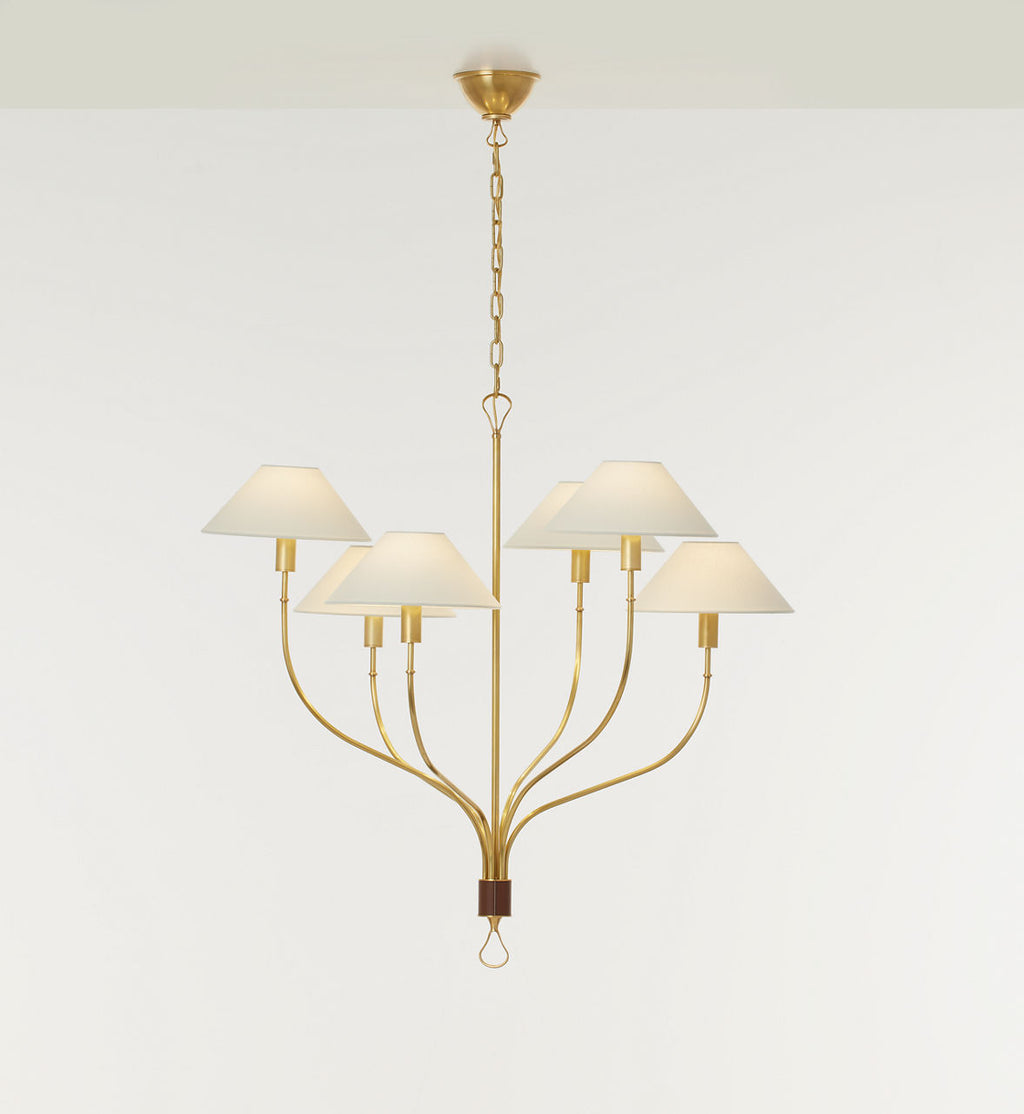 Griffin Large Staggered Tail Chandelier | Hand-Rubbed Antique Brass and Saddle Leather | Linen Shades