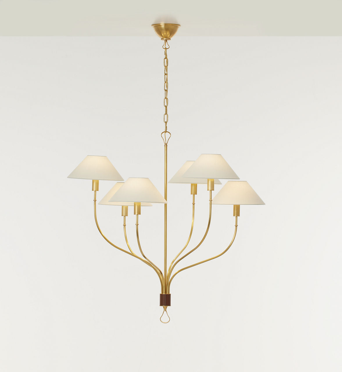 Griffin Large Staggered Tail Chandelier | Hand-Rubbed Antique Brass and Saddle Leather | Linen Shades