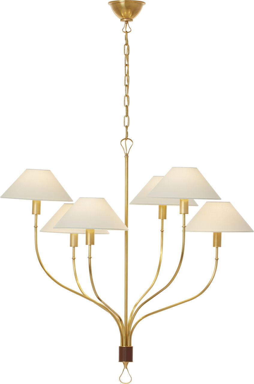 Griffin Large Staggered Tail Chandelier | Hand-Rubbed Antique Brass and Saddle Leather | Linen Shades