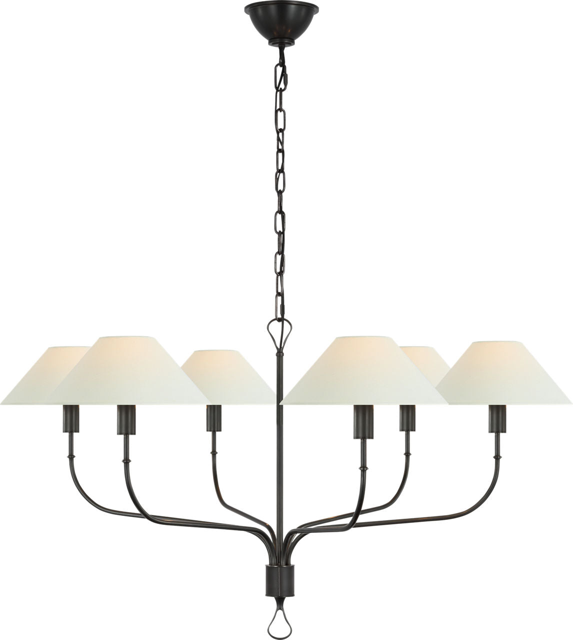 Griffin Grande Tail Chandelier | Bronze and Chocolate Leather | Linen Shades