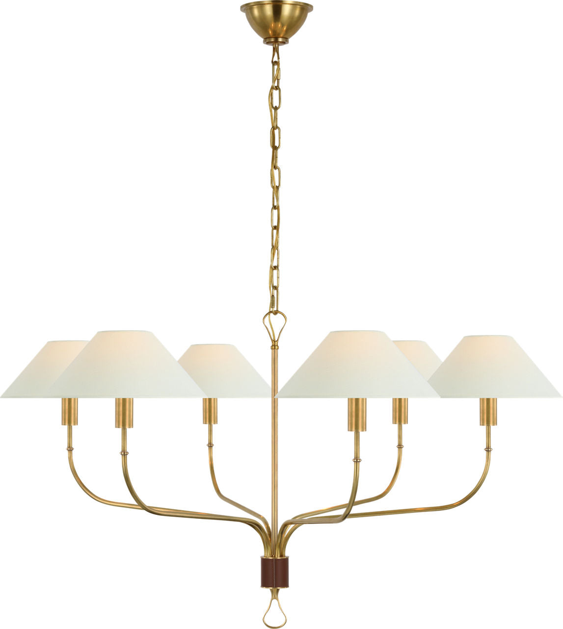 Griffin Grande Tail Chandelier | Hand-Rubbed Antique Brass and Saddle Leather | Linen Shades