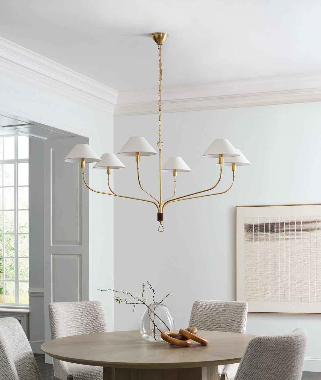 Griffin Grande Tail Chandelier | Hand-Rubbed Antique Brass and Saddle Leather | Linen Shades