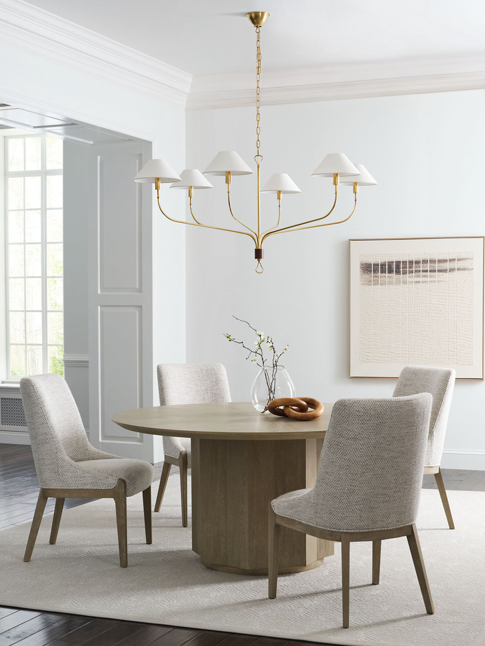 Griffin Grande Tail Chandelier | Hand-Rubbed Antique Brass and Saddle Leather | Linen Shades