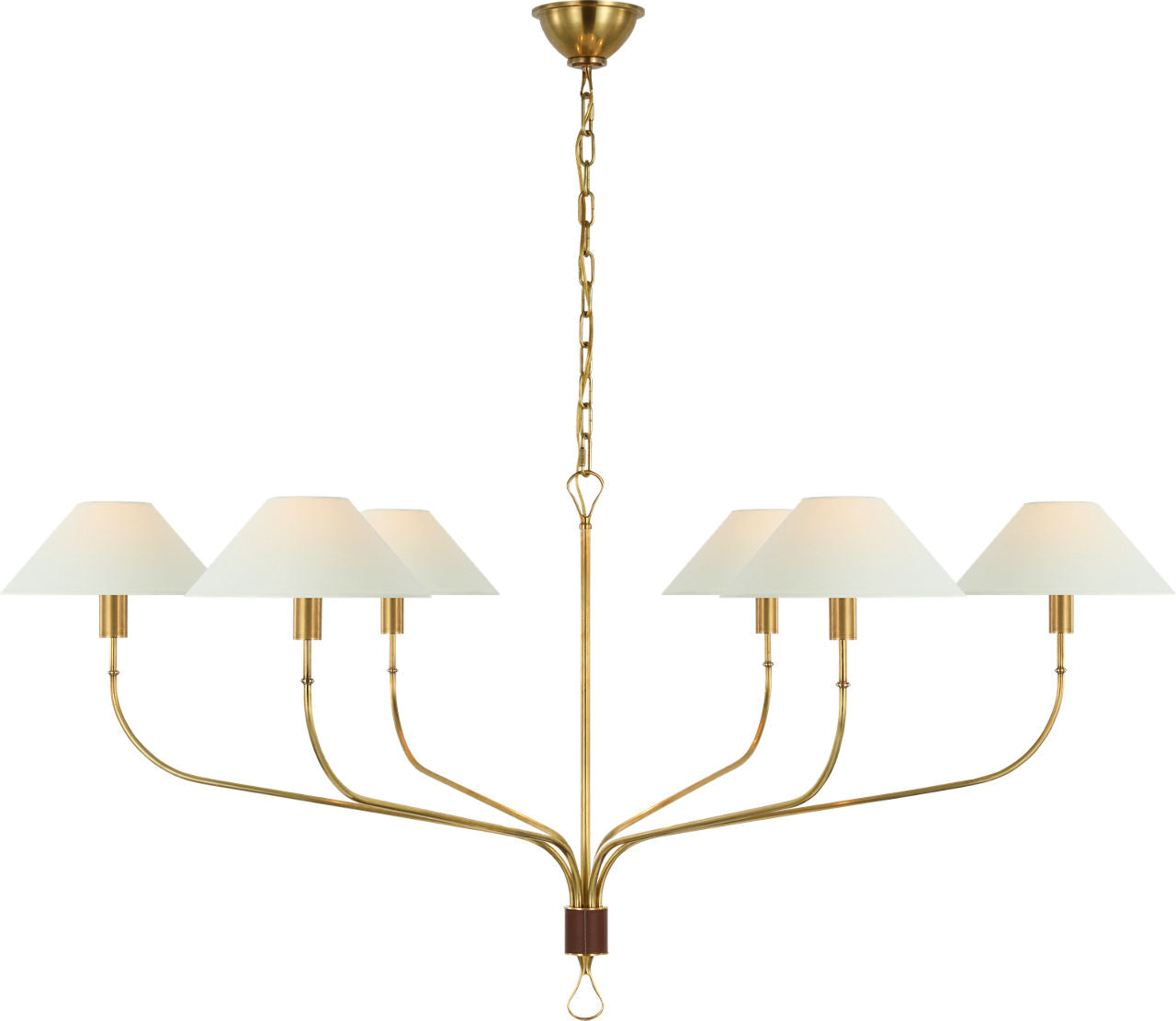 Griffin Extra Large Tail Chandelier | Hand-Rubbed Antique Brass and Saddle Leather | Linen Shades