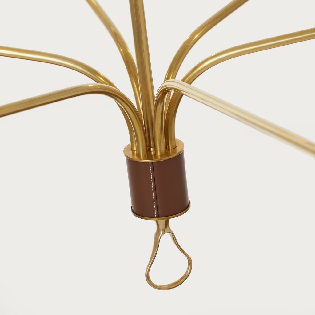 Griffin Grande Tail Chandelier | Hand-Rubbed Antique Brass and Saddle Leather | Linen Shades