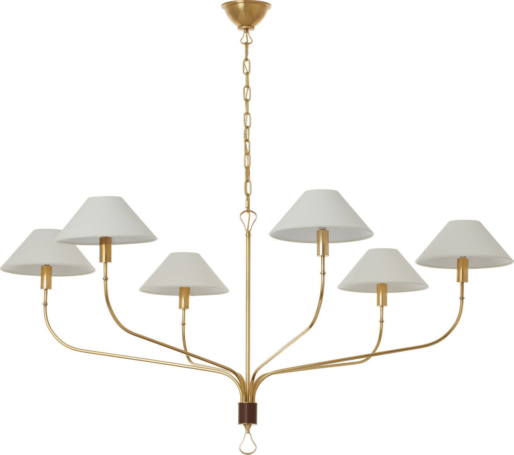 Griffin Grande Tail Chandelier | Hand-Rubbed Antique Brass and Saddle Leather | Linen Shades