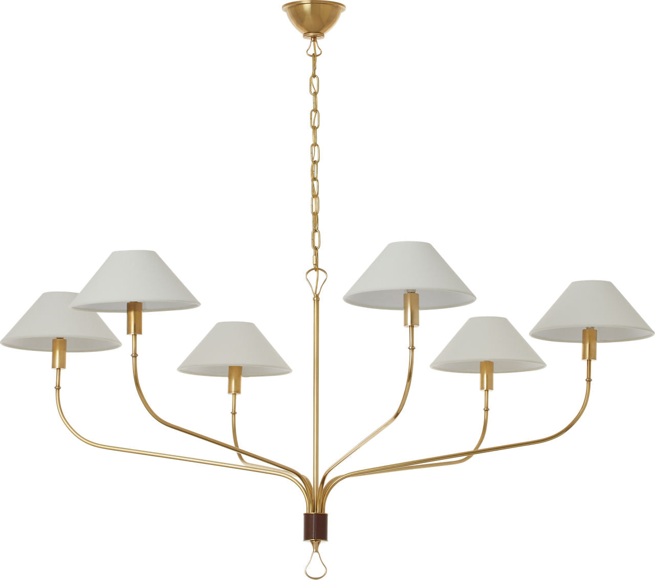 Griffin Grande Tail Chandelier | Hand-Rubbed Antique Brass and Saddle Leather | Linen Shades