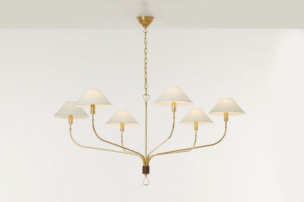 Griffin Grande Tail Chandelier | Hand-Rubbed Antique Brass and Saddle Leather | Linen Shades
