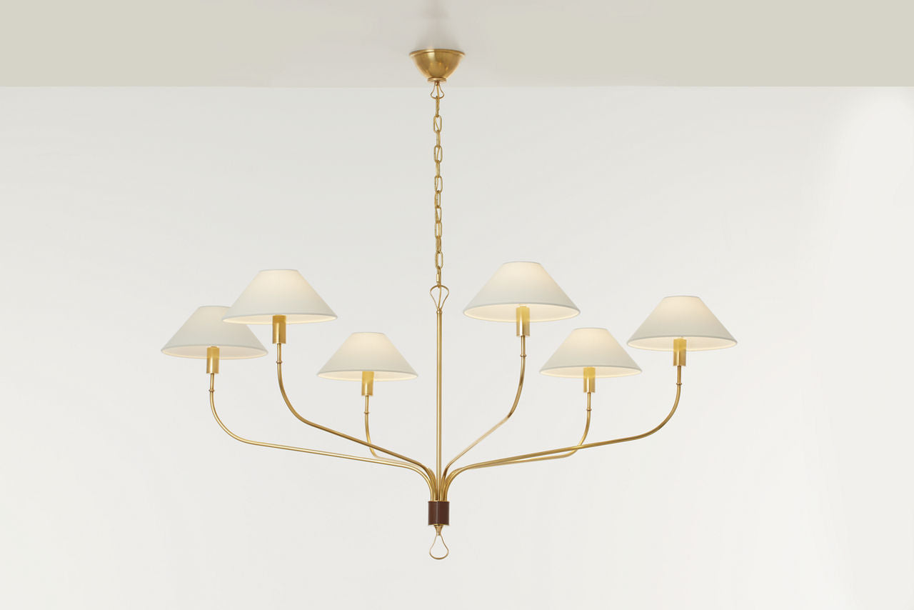 Griffin Grande Tail Chandelier | Hand-Rubbed Antique Brass and Saddle Leather | Linen Shades