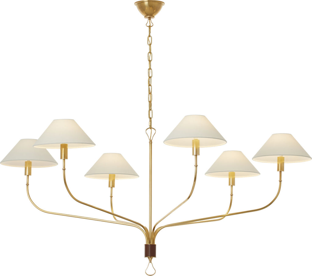Griffin Grande Tail Chandelier | Hand-Rubbed Antique Brass and Saddle Leather | Linen Shades