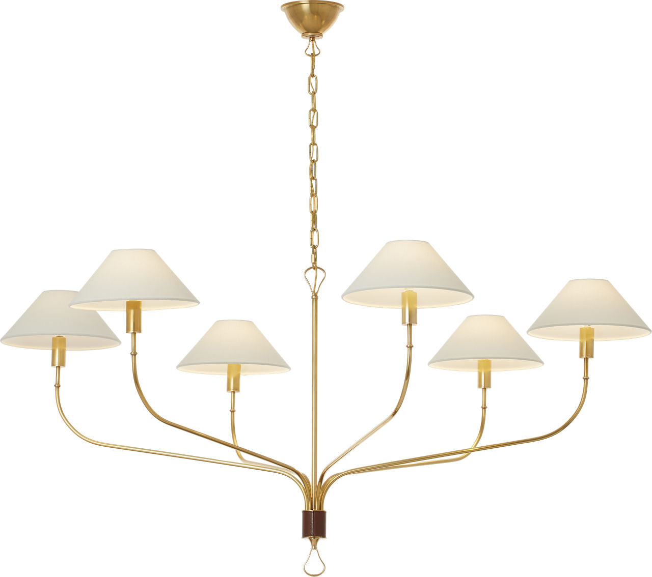 Griffin Grande Tail Chandelier | Hand-Rubbed Antique Brass and Saddle Leather | Linen Shades