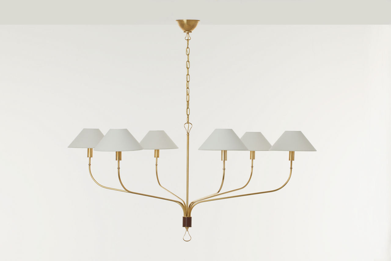 Griffin Grande Tail Chandelier | Hand-Rubbed Antique Brass and Saddle Leather | Linen Shades