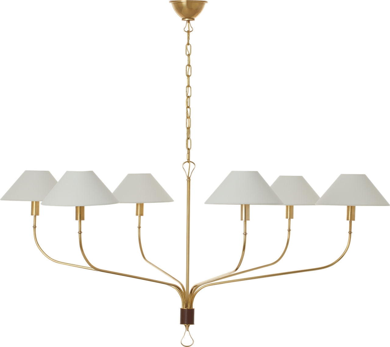 Griffin Grande Tail Chandelier | Hand-Rubbed Antique Brass and Saddle Leather | Linen Shades