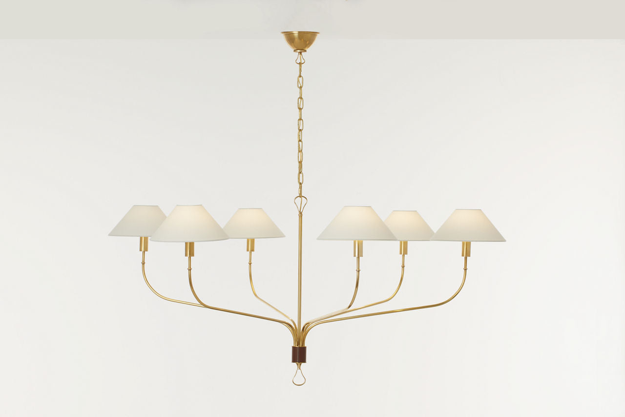 Griffin Grande Tail Chandelier | Hand-Rubbed Antique Brass and Saddle Leather | Linen Shades