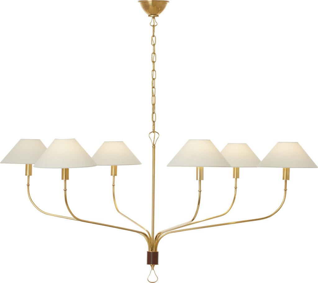 Griffin Grande Tail Chandelier | Hand-Rubbed Antique Brass and Saddle Leather | Linen Shades