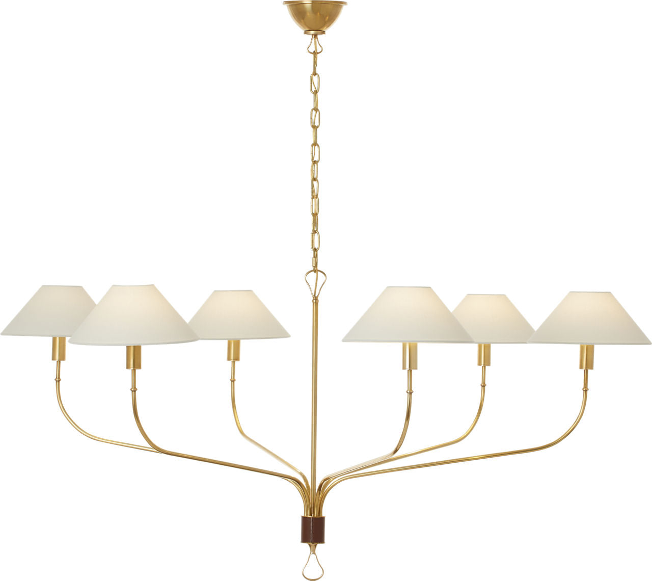 Griffin Grande Tail Chandelier | Hand-Rubbed Antique Brass and Saddle Leather | Linen Shades
