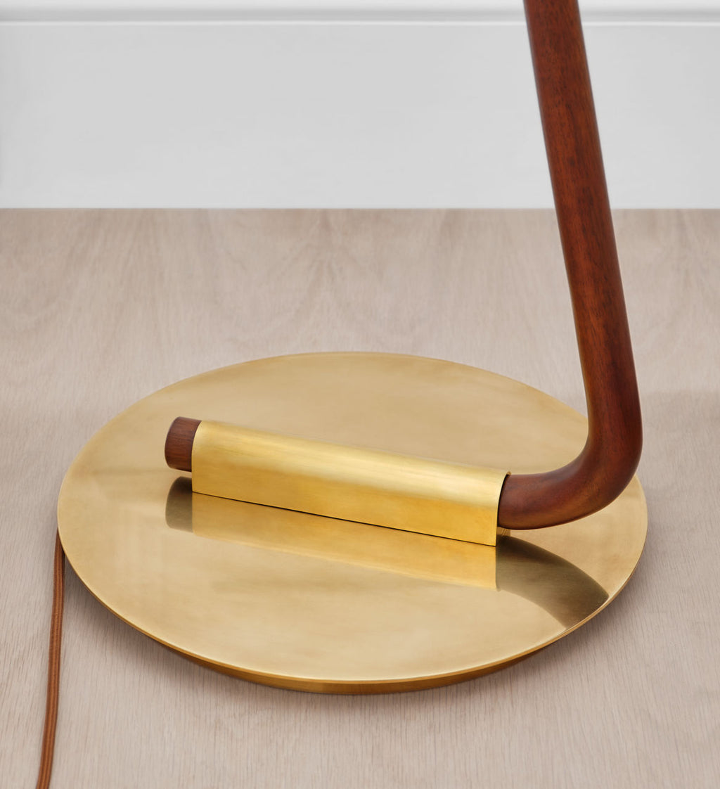 Katia Floor Lamp | Mahogany and Hand-Rubbed Antique Brass | Linen Shade