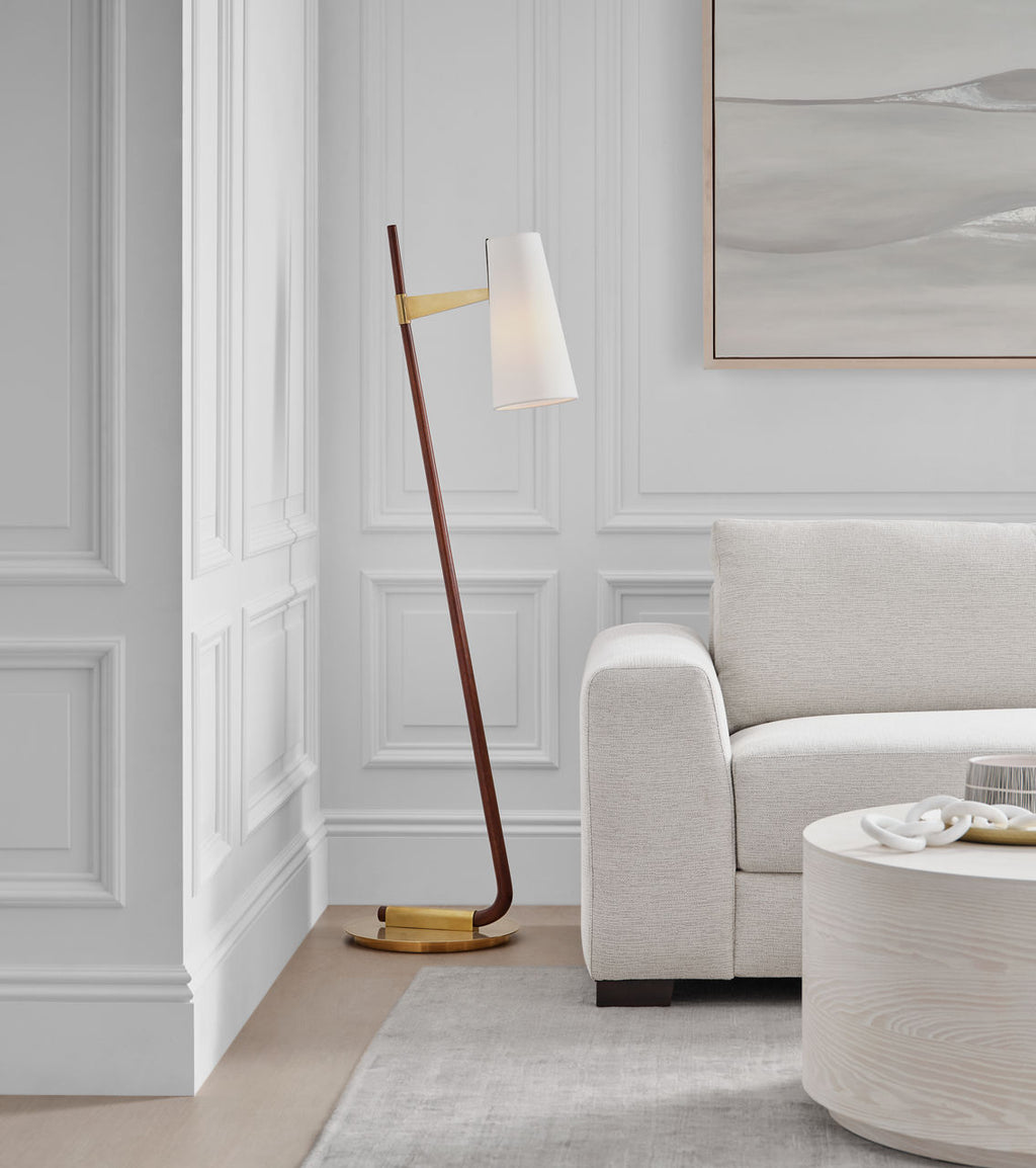 Katia Floor Lamp | Mahogany and Hand-Rubbed Antique Brass | Linen Shade