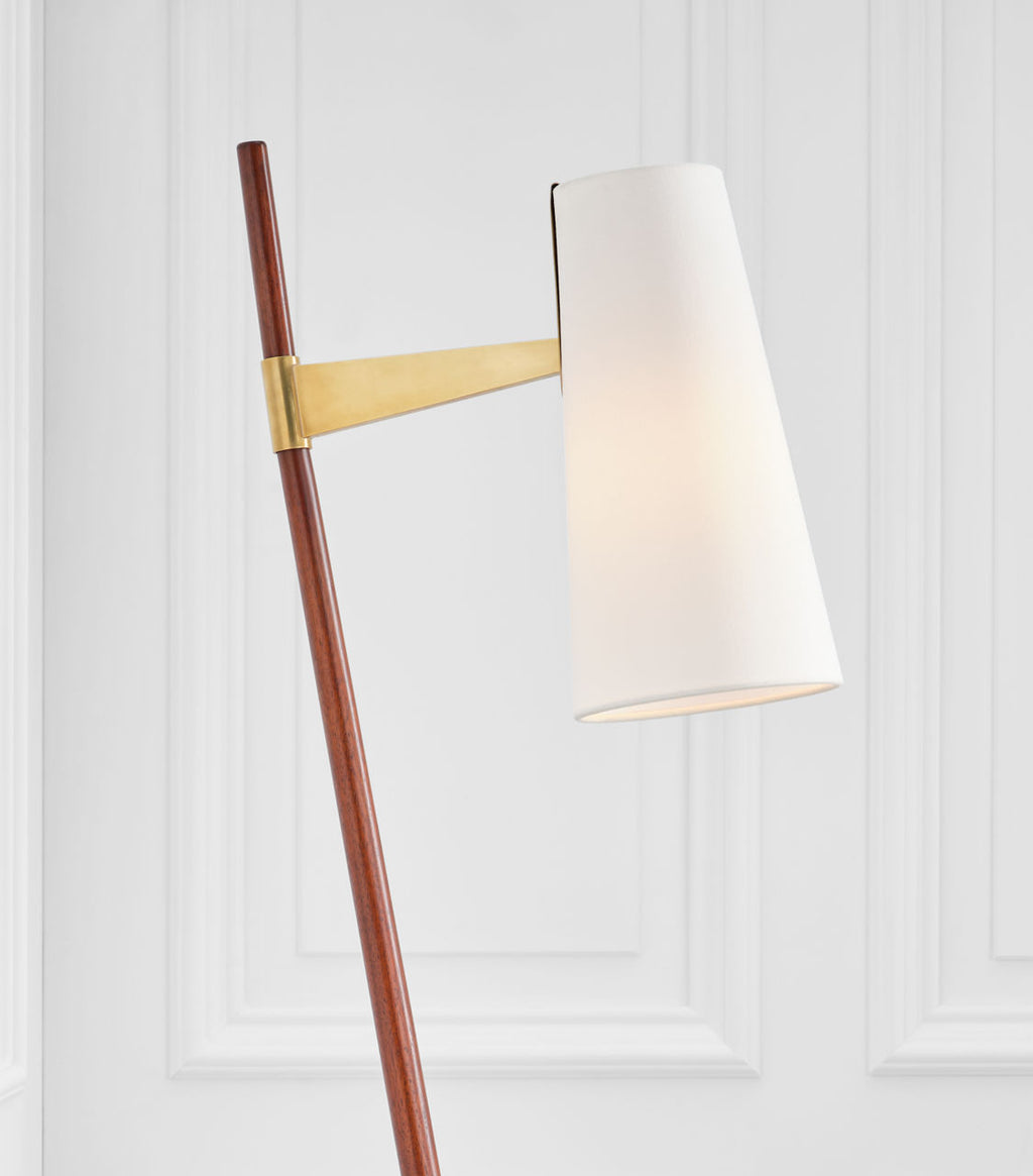 Katia Floor Lamp | Mahogany and Hand-Rubbed Antique Brass | Linen Shade